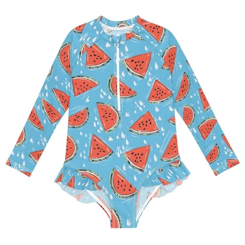 ALAZA Red Watermelon Water Drop Girls One Piece Swimsuit Long Sleeve Rash Guard Swimsuits UV 50+ Swimwear Zipper