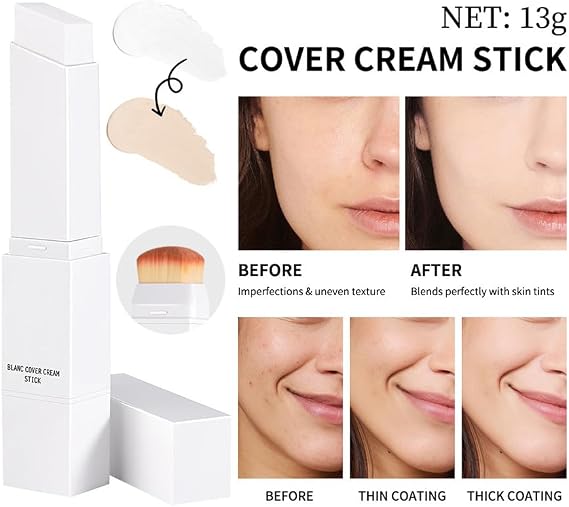 Blanc Cover Cream Stick Foundation In Light Beige (#1 Fair) - Creamy Smooth Texture With Built-In Brush, Adapts To Skin Tone For Mature Skin, Medium To Full Long Lasting Coverage, Natural Finish,