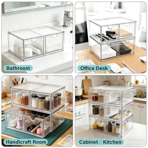 Image of Prsildan Stackable Clear Makeup Organizer Acrylic Storage Drawers with 2 Drawers for Vanity Bathroom Office Desk Modular Drawer System for Cosmetics Jewelry Toiletries Home Organization