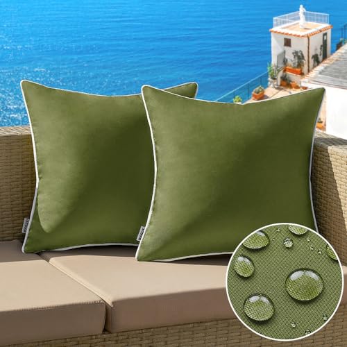 MIULEE Pack of 2 Outdoor Waterproof Pillow Covers Decorative Farmhouse Throw Pillow Covers Square Solid Color Couch Pillow Covers Spring for Patio Tent Bed Sofa Living Room 18x18 Inch Moss Green