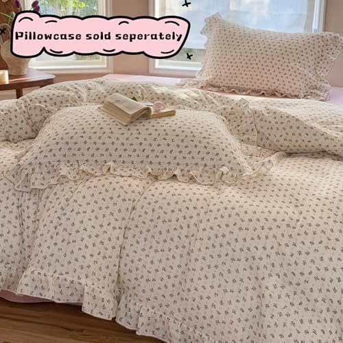 Image of BuLuTu Chic Floral Muslin Duvet Cover Queen, Princess Ruffles Comforter Cover with Bellflower Print, Teens Bedding Queen Girls Quilt Covers 90 inchx90 inch, Zipper Closure, No Pillow Cases