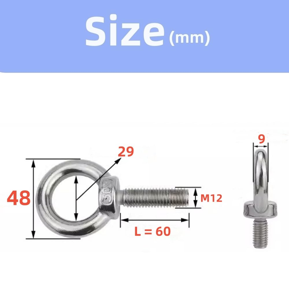 4-Juegos M12 Pernos de ojo con tuerca de bloqueo de brida Hexagonal, Diámetro del hilo 12mm, Pernos de anillo de Acero inoxidable 304 (M12 x 60 mm)