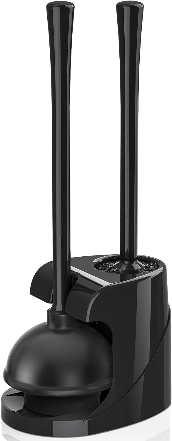 Toilet Plunger and Brush with Holder, Bowl Brush and Heavy Duty Toilet Plunger Set for 5.7-inch Toilet Drain, 2-in-1 Bathroom Cleaning Combo with Modern Caddy Stand (Black)