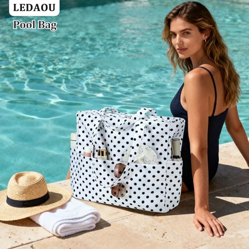 Image of LEDAOU Large Beach Bag Women Waterproof Sandproof Zipper Beach Tote Pool Bag for Swim Gym Grocery Travel with Wet Pocket