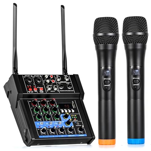 150W x2 Powered Amplifier Audio Mixer, 4 Channel Karaoke Mixer Sound Board with Dual Rechargeable Wireless Microphones, 48V Phantom Power, USB/Bluetooth/Type-C Audio, TV/PC/Phone/MP3 Stereo DJ Mixer