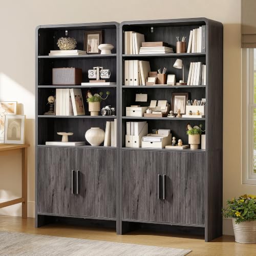 Image of AMERLIFE 71 inch Modern Bookcase Set of 2 with Storage Cabinet, 6-Tier Bookshelf with 3 Adjustable Shelves & Fluted Doors, Wood Curved Display Cabinet for Living Room, Dining Room, Home Office, Dark Grey