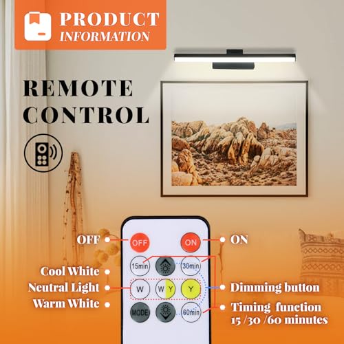 Image of Battery Operated Picture Lights for Wall 15.7inch Rechargeable Wireless Wall Light with Timer and Remote Dimmable Black Metal Art Light for Display Paintings Gallery Artwork Portrait