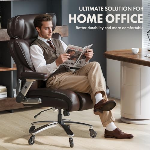 Image of FLEXISPOT 600lbs Big and Tall Office Chair for Heavy People, High Back Heavy Duty Computer Chair with Lumbar Support 2D Armrest, Desk Chairs for Working Gaming Relaxing Cross Legged, PU Leather, Brown