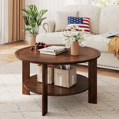PADMA HOUSE Small Round Wood Coffee Table with Shelf, Farmhouse Cocktail Table for Living Room, Solid Circle Center Wooden Table, Dark Cherry Wood Tabletop & Legs 31.9' x 31.9'