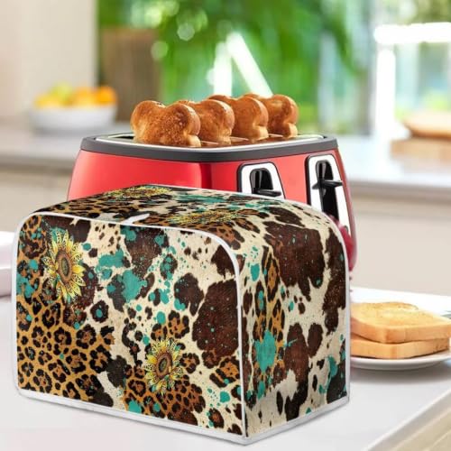 Image of Talayituse Sunflower Cow Leopard Print 2 Slice Toaster Dust Covers Kitchen Small Appliance Cover, Stain Resistant Dust Protection Bread Machine Cover with Top Handle, S