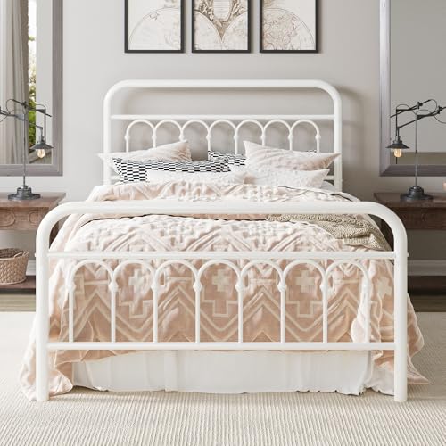 Allewie 14 Inches Full Size Metal Platform Bed Frame with Victorian Style Curved Iron-Art Headboard/Footboard Easy Assembly Under Bed Storage No Box Spring Required Cream White