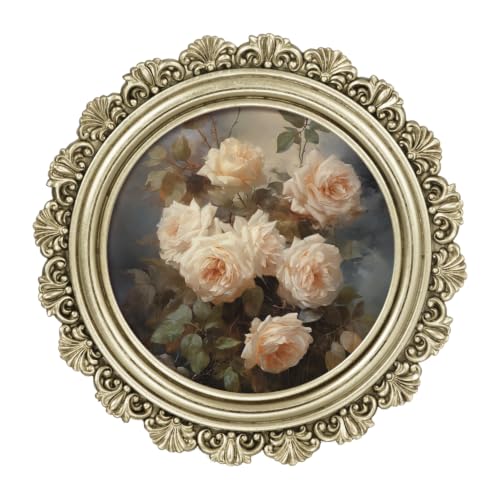Image of eletecpro 5x5 Round Picture Frame with Glass Cover, Vintage Gold | Retro Ornate Gold Photo Frame for Tabletop or Wall Mount Decor