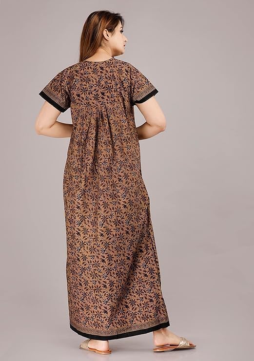 Image of NILOUFO Women's Cotton Printed Maxi Nighty - Pack of 2 | Soft Ankle-Length Sleepwear Gowns for Women | Free Size Night Dresses (Purple,Brown, Free Size)