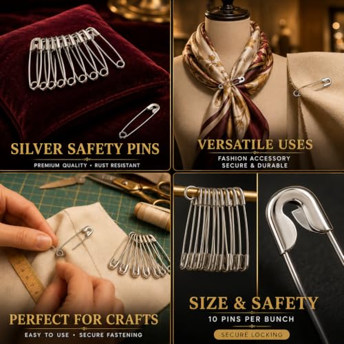 Image of Safety Pin | Stainless Steel Rust-Resistant Safety Pins for Saree, Dupatta, Sewing, Tailoring, Quilting, Craft, Baby Clothes & Daily Household Use (Silver, 03)