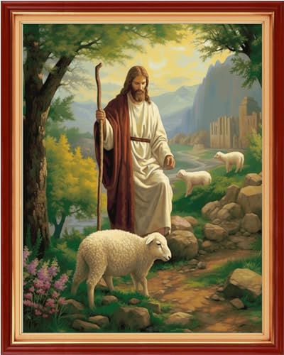 Image of Dimensean Stamped Cross Stitch Kits Full Range of Embroidery Patterns Starter Kits for Beginners Adult DIY Cross Stitches Needlepoint Kits 11CT-Jesus Shepherds the Sheep 16x20 inch