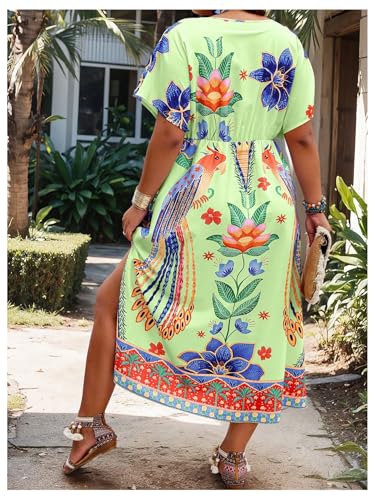 Image of Floerns Women's Plus Size Tribal Print Dolman Sleeve Slit Summer Maxi A Line Dress