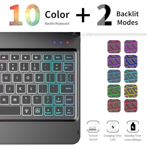 Image of GGH Keyboard Case for iPad Pro 11 Inch & Air 11 inch M4 /M3 /M2, Black | 10-Color Backlight Keyboard with Pencil Holder, 360 Rotatable, Compatible with iPad Pro 11 1st-4th Gen & Air11 M2 /M3 /M4