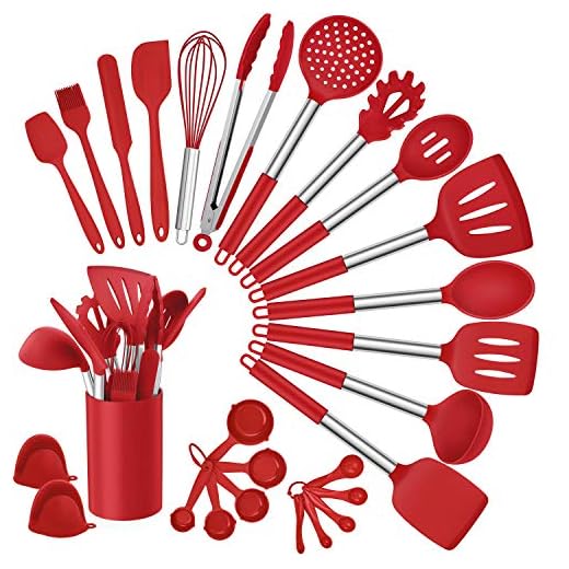 Homikit 27 Pieces Silicone Cooking Utensils Set with Holder, Kitchen Utensil Sets for Nonstick Cookware, Red Kitchen Tools Spatula with Stainless Steel Handle, Heat Resistant