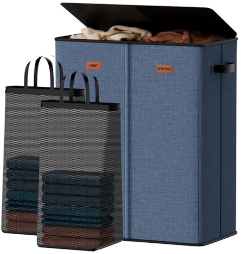 150L Laundry Hamper 2-Compartment with Lid, Large Clothes Hamper, Navy Blue