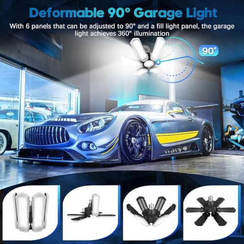 tanbaby 2 pack led garage lights 150w deformable best ceiling shop lights 15000lm led light 6500k garage lighting with 61 adjustable panels bulb for basement