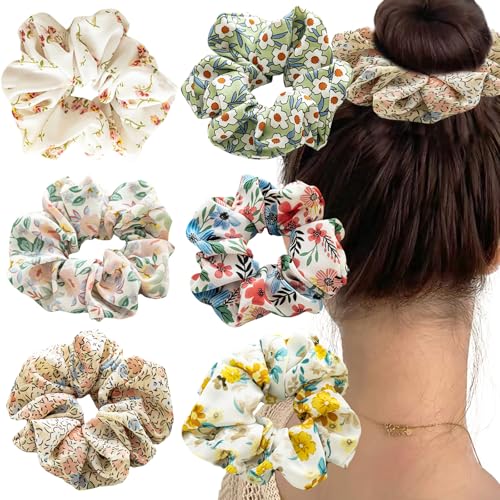 6 PACK Hair Scrunchies, Hair Elastics Bands Floral Hair Scrunchie...