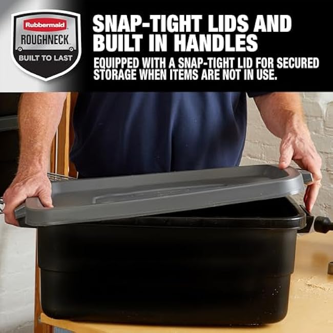 Rubbermaid Roughneck Tote 10 Gal, 6 Pack, Made in USA, Black & Gray, Rugged Plastic Stackable Storage Bins with Lids and Handles