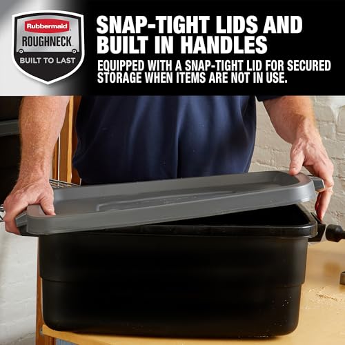Image of Rubbermaid 6-Pack Totes for Storage with Lids, Heavy Duty Plastic Storage Bins with Lids, Black Gray, 10 GAL - Stackable for Garage, Attic, Camping (10 GAL - 6 Pack Solid Black and Grey)