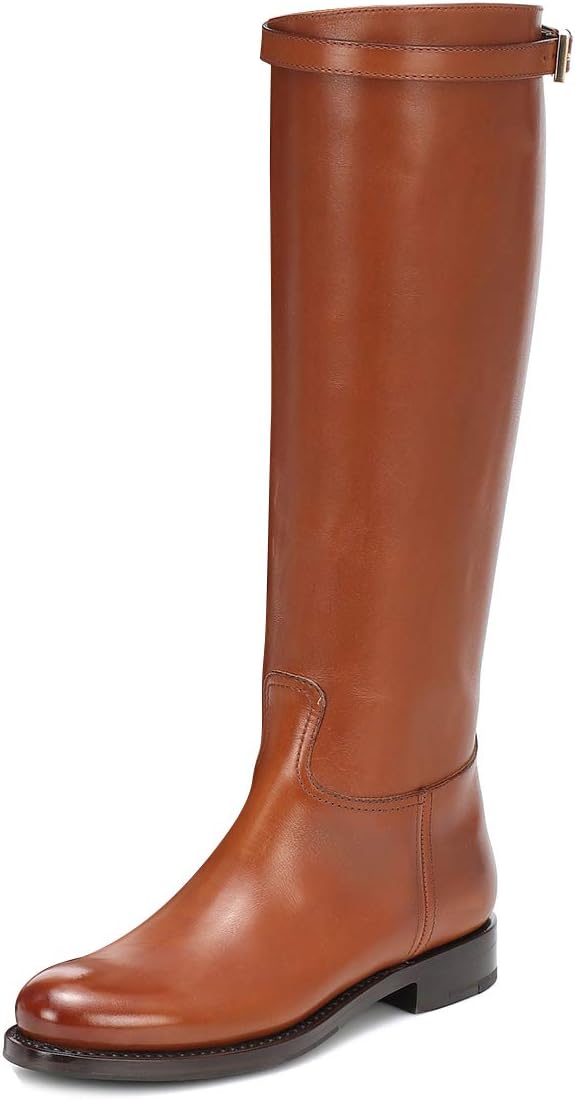 FSJ Women Regular Round Toe Flats Riding Knee High Boots Wide Calf Buckled Strappy Chunky Low Heel Western Long Boots Comfy Dress Shoes Size 4-15 US