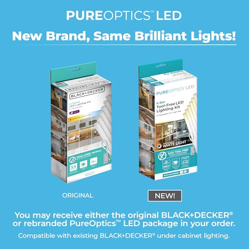Image of PureOptics LED Under Cabinet Lighting Kit, Motion Sensor, Dimmable, Linkable, 3 Color Settings, Tool-Free, for Kitchen, Pantry, Cabinets, Closets, Office (6) 9 inch Bars