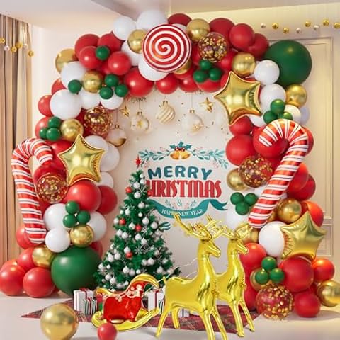 AobkDeco 138PCS Christmas Balloon Garland Arch Kit With Red Green Gold White Balloons Candy Balloons Sequin Balloons Gold Star Balloons Moose Sleigh Balloon for Christmas Party Decorations Supplies Cover