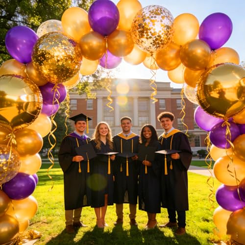Image of Purple Gold Balloon Garland Arch Kit, 121 PCS Purple and Gold Balloons Purple Balloons for Birthday Graduation Wedding Anniversary Purple Gold Party Decorations