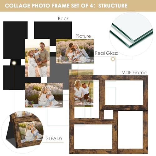 Image of DUENPY 4x6 Collage Frame Tempered Glass For 4 4x6 Photos Brown