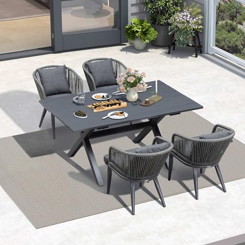 Image of PURPLE LEAF 5 Pieces Patio Dining Set Wicker Outdoor Furniture Rectangular Table and Chairs Set for Garden Deck Aluminum Frame Backyard Kitchen Set, Cushions and Pillows Included Grey