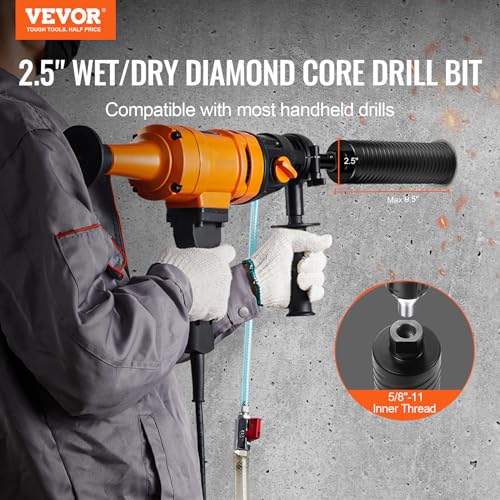 VEVOR Core Drill Bit, 2.5" Wet/Dry Diamond Core Drill Bits for Brick and Block, Concrete Core Drill Bit with Pilot Bit Adapter and Saw Blade, 9.5" Drilling Depth, 5/8"-11 Inner Thread, Laser Welding by VEVOR - Image 2