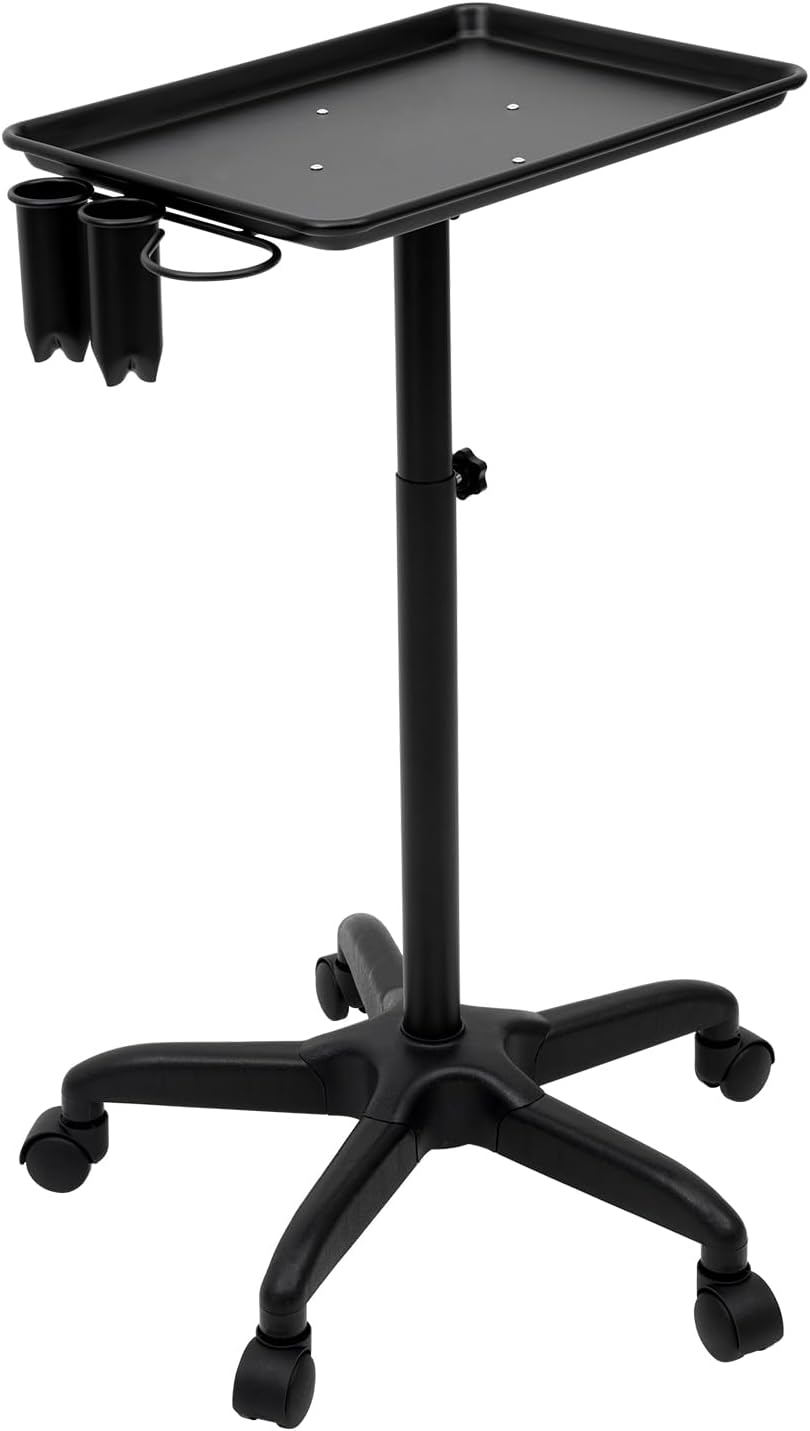 Salon Trolley Rolling Service Tray Beauty Salon Rolling Trolley Cart Aluminum Beauty Trolley Cart on Wheels, Mobile Rolling Cart Spa Equipment Storage Tray Height Adjustble 64-108cm(Black)