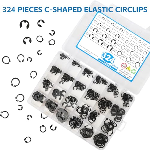 324 Stück Sicherungsringe Set，Sprengring Metall C-Clip，C-Clips Sicherungsring Unterlegscheiben，Öffnungskarte C2-C12 & Satz Wellensicherungsringe C5-C16，für Befestigen Lagern Zahnrädern Riemenscheiben