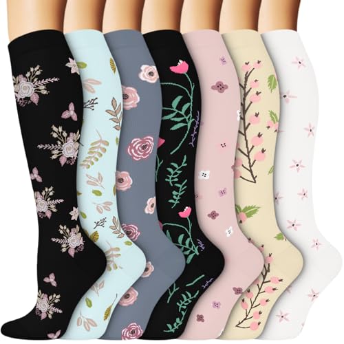 ACTINPUT Kompressionsstrümpfe Damen und Herren,7 Paar Kniestrümpfe Stützstrümpfe Kompressionssocken Lustige Bunte Damen Socken für Flug,Sport,Reisen, Radsport, krankenschwester(7104 - Schwarz,S-M)