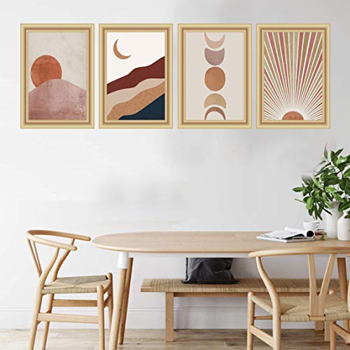 Fwk Sunset Sunrise Landscape Art Prints Modern Mid Century Geometric Decor Boho Sun And Moon Wall Art Painting Set Of 4 (8X10 Canvas Picture) Office Bedroom Kitchen Home Decor Unframed #TOP3