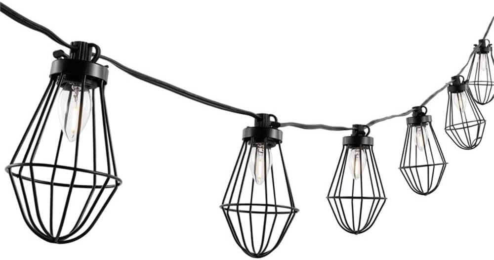 Pemberly Row Metal and Glass LED Outdoor String Light, Black Finish, 120 in Length, Energy-Efficient Lighting, Traditional Style Hanging Lights for Patios, Decks, and Garden Spaces