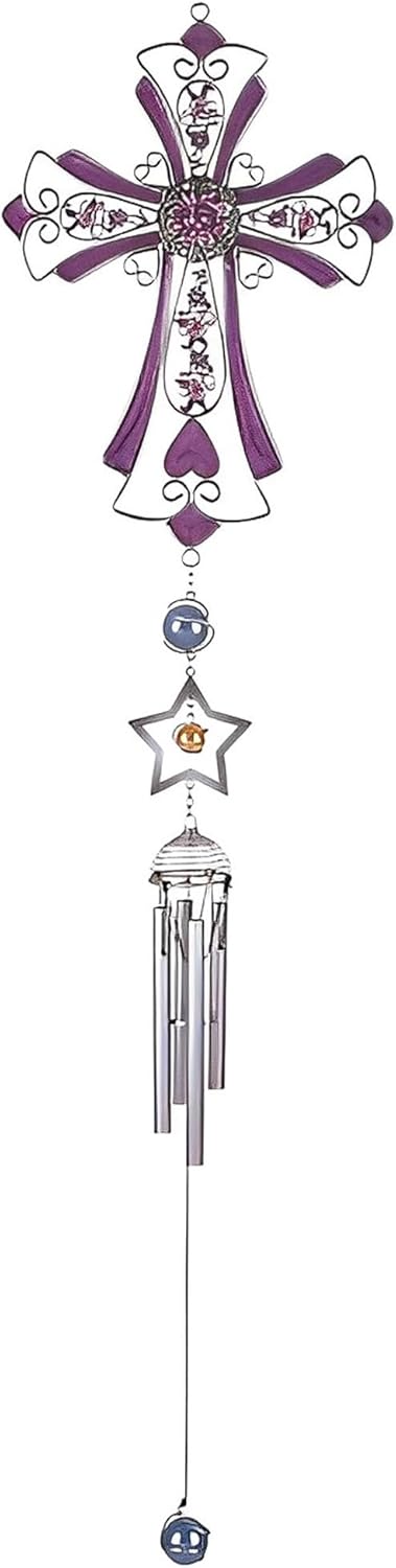ICE ARMOR 36" Long Purple Cross Wind Chime with Gem Statue Sculpture Ornament Decoration Garden Decor Ideas for Housewarming, Holidays and Birthdays Great Collectible Addition