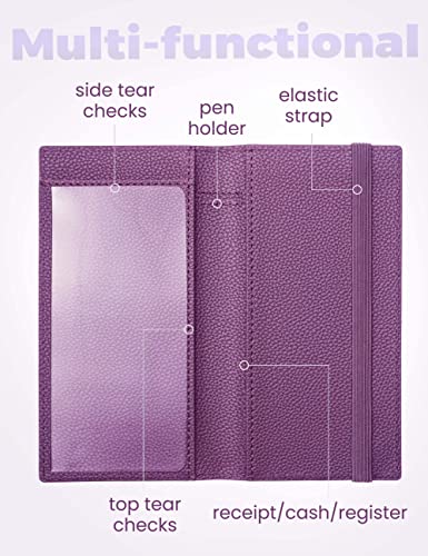 Image of Yarnic Checkbook Cover for Personal Checkbook, Checkbook Holder with Pen Holder & Built-in Clear Plastic Divider for Duplicate Checks (Grape)