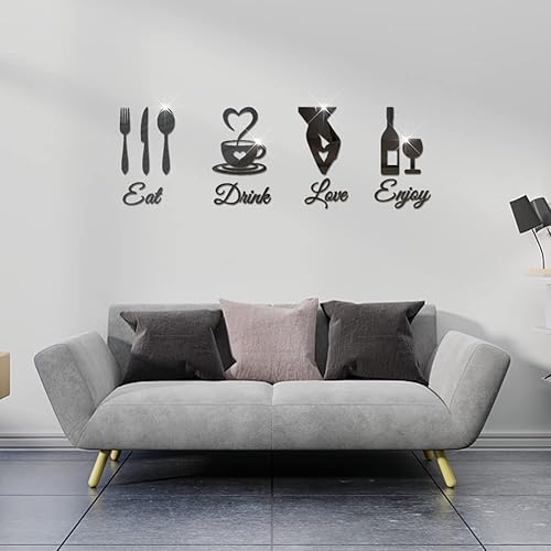 Miniatura 3 de Eat Drink Love Enjoy Cuchillo y tenedor Cuchara Tazón Taza de Té Pegatinas Espejo Adhesivos Autoadhesivos Desmontables, Adhesivos de Pared DIY