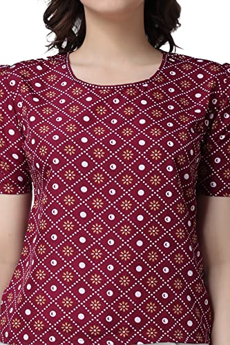Image of POPWINGS Casual Printed Puff Sleeves Round Neck Top for Women || Stylish Summer Tops for Women || Hip-Length Women Top