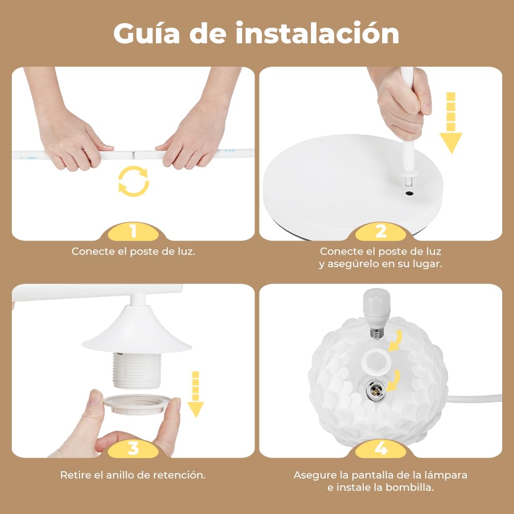 OUSFOT Lampara de Pie Salon 153CM 230V, E27 Portalámparas, Fácil de Instalar, Blanco, para Sala de Estar, Dormitorio, Estudio 【sin Bombilla】
