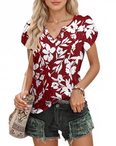 WNEEDU Tshirt Damen Sommer V Ausschnitt Top Kurzarm Freizeit Bluse Blütenblatt Ärmel Oberteile mit Eyelet-Stickerei