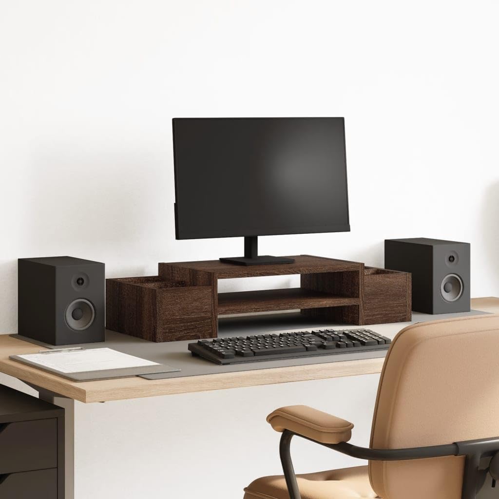 Supporto per monitor con vano portaoggetti, effetto rovere, 70 x 27 x 15 cm, in legno, 4 scomparti, scrivania per ufficio e home office, ergonomico per monitor e laptop