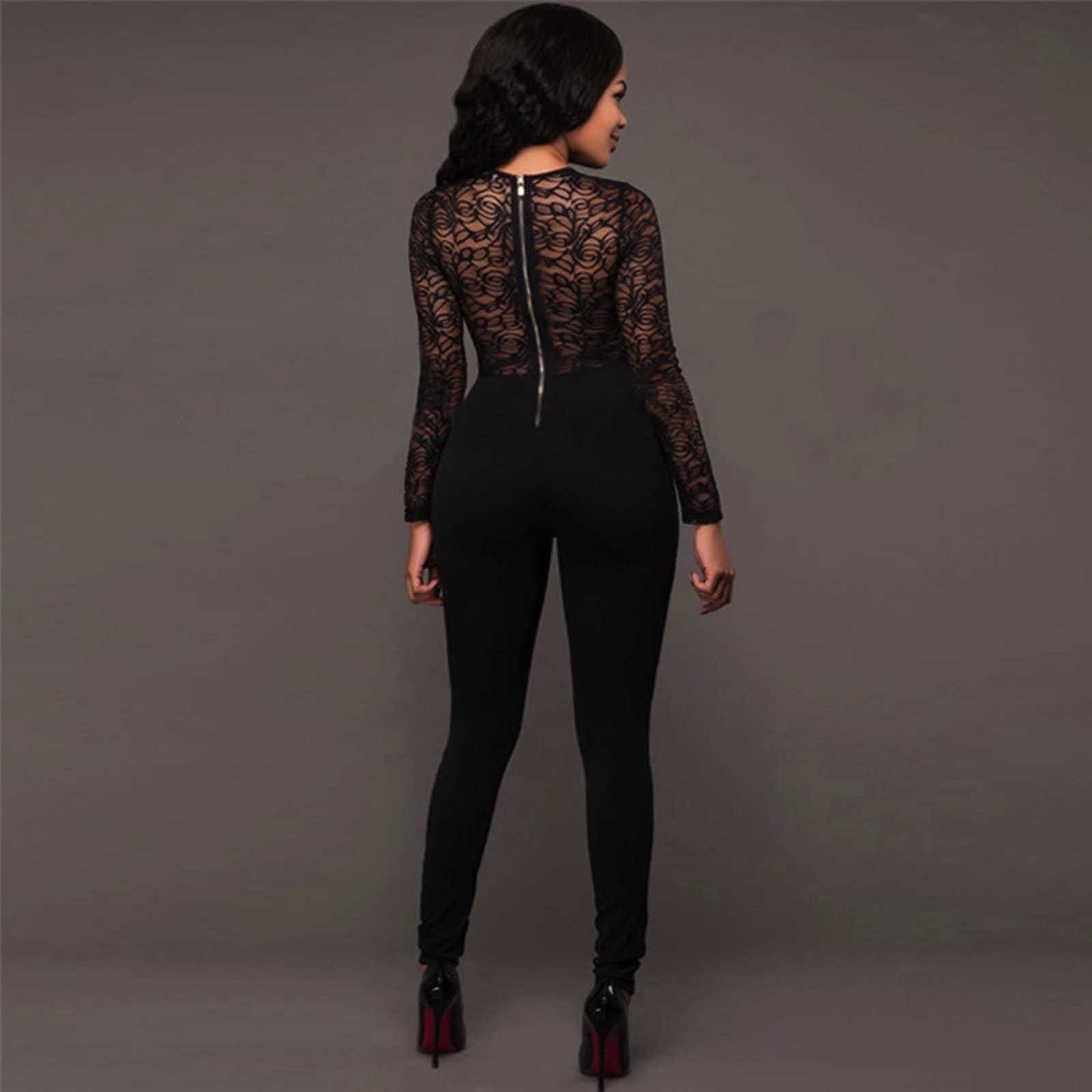Mintsnow Sexy Mesh Patchwork Tute per le donne Elegante manica lunga fasciatura un pezzo partito lungo Body, Nero – pizzo., X-Large