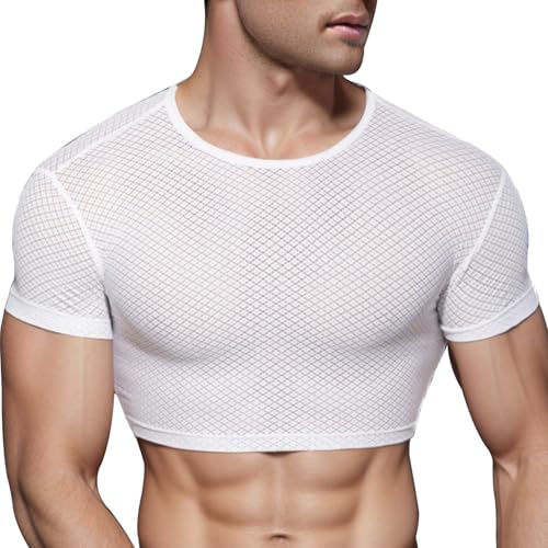 Men's Mesh Crop Top See Through Crop Top See Through Round Neck T Shirt Sexy Shiny Metallic Half Muscle Tee