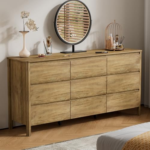 Image of Furniway 3 Piece Bedroom Set, 9 Drawer Dresser and Nightstands, Natural Oak