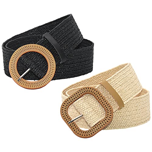 2 Pieces Women Straw Woven Elastic Stretch Waist Belt for Flowy Fashion Skinny Dresses with Braided Wooden Buckle